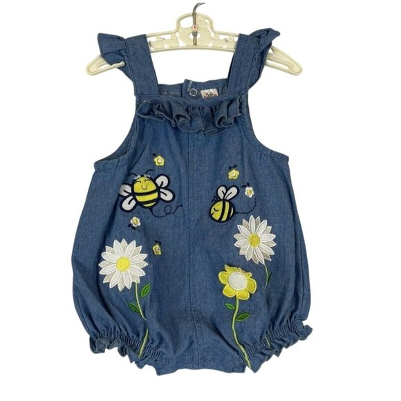 Baby Essentials 12M Blue Denim Romper Embroidered Bees Flowers Ruffle Straps - Picture 1 of 5